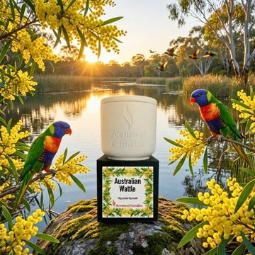 Wattle Candle showcased with Australian native flowers and colorful parrots by a serene lake at sunset.