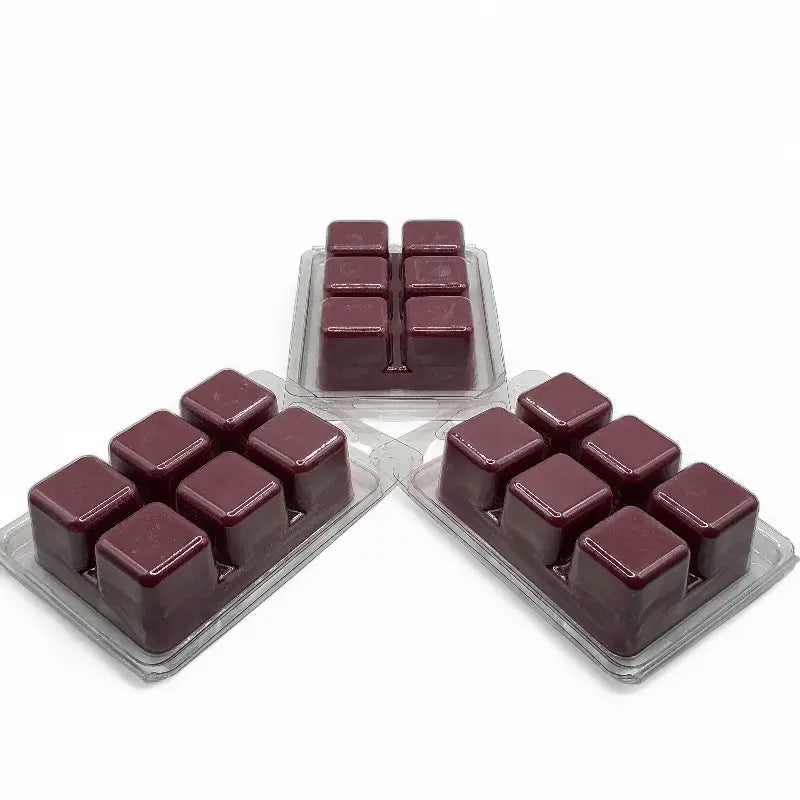 Wax Melts scented 6 cube packs in deep burgundy color on display.