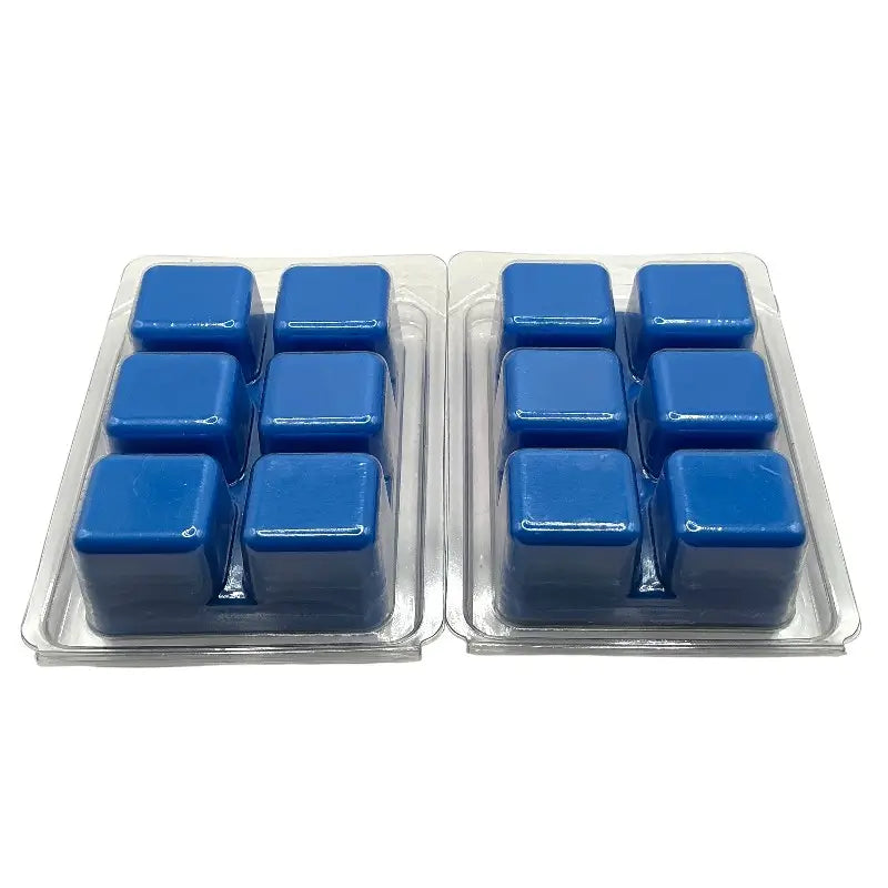 Blue soy scented Wax Melts in 6 cube packs for fragrance control and long-lasting aroma in any room.