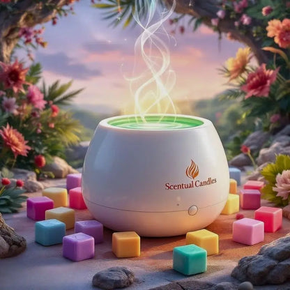 Wax Melts with Scentual Candles burner surrounded by colorful cubes, perfect for filling any room with a lasting fragrance.