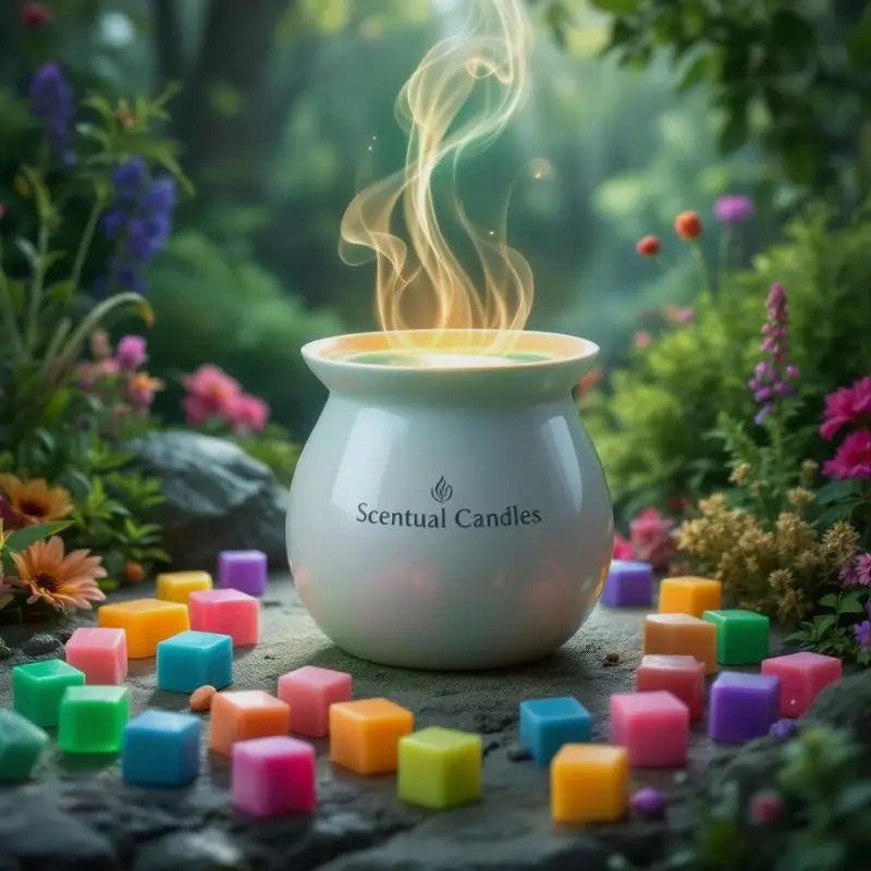 Colorful scented wax melts cubes around a lit warmer, releasing fragrance in a garden setting, emphasizing 'Wax Melts' focus keyword.