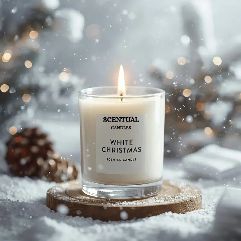 Scentual Candles White Christmas scented candle in a snowy setting