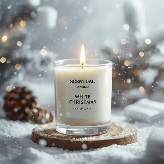 Scentual Candles White Christmas scented candle in a snowy setting