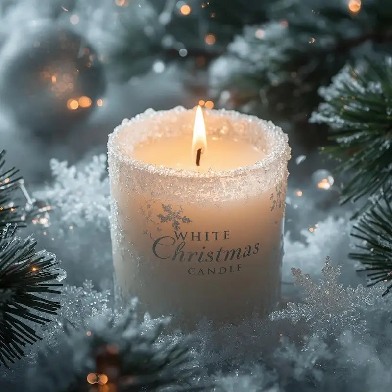 White Christmas scented candle with snowflake design in a festive setting with pine branches and lights.