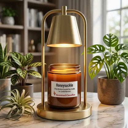 Wickless Candles in a stylish warmer with a honeysuckle scent surrounded by lush green plants.