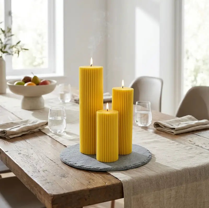 Ribbed Candles - Set of 3 Pillars in yellow on a dining table with a slate tray.