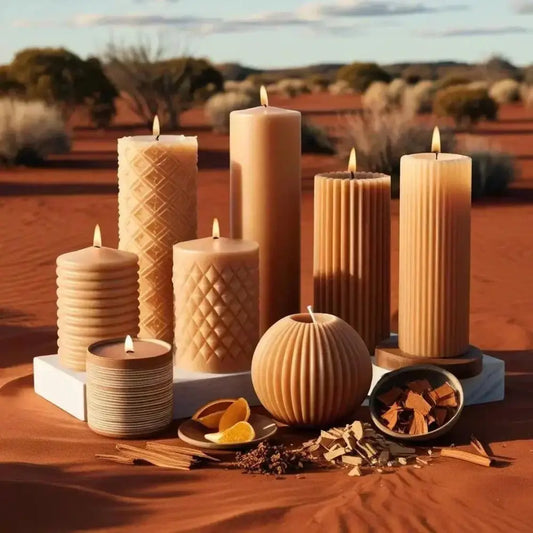 Australian Sandalwood scented soy pillar candles in various shapes and designs placed on a natural landscape background.
