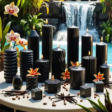 Collection of black vanilla candles on a table with a scenic background featuring a waterfall and plants.