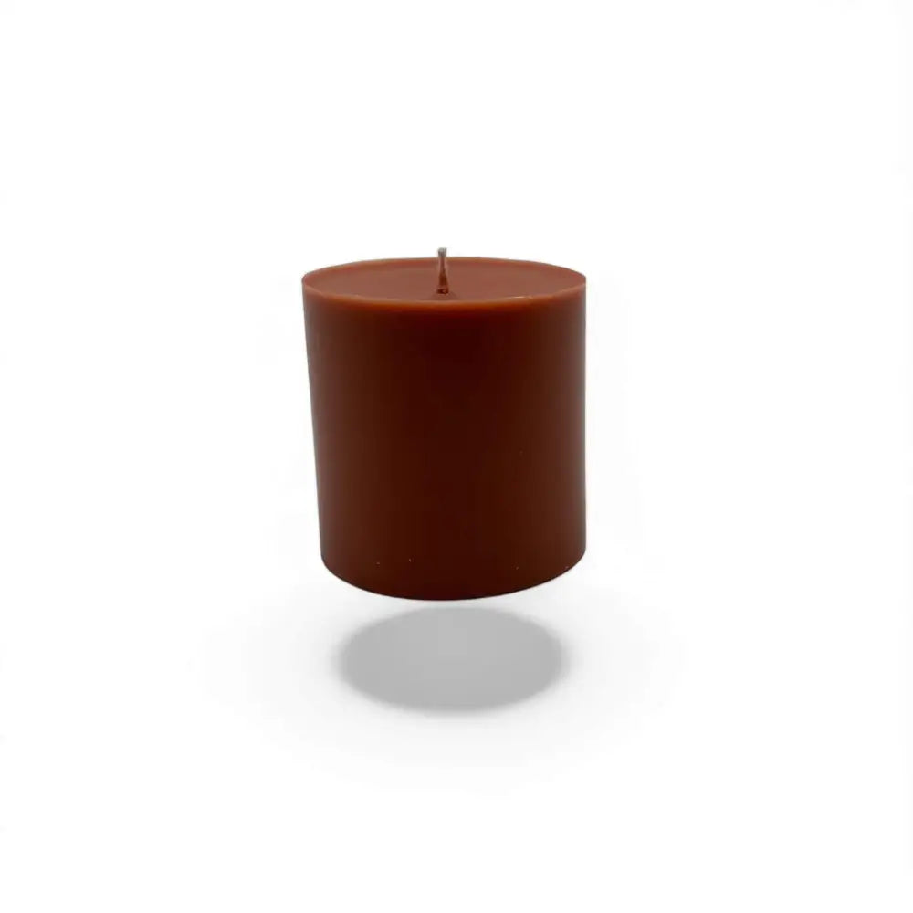 Caramelised Fig Scented Soy Pillar Candle, rich autumn fragrance, brown color, elegant home decor.
