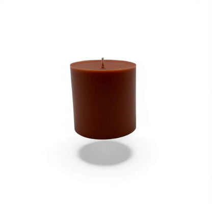Caramelised Fig Scented Soy Pillar Candle, rich autumn fragrance, brown color, elegant home decor.