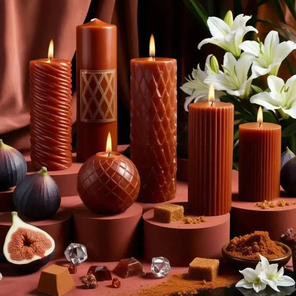 Caramelised Fig Scented Soy Pillar Candles with elegant designs and autumn-inspired aroma.