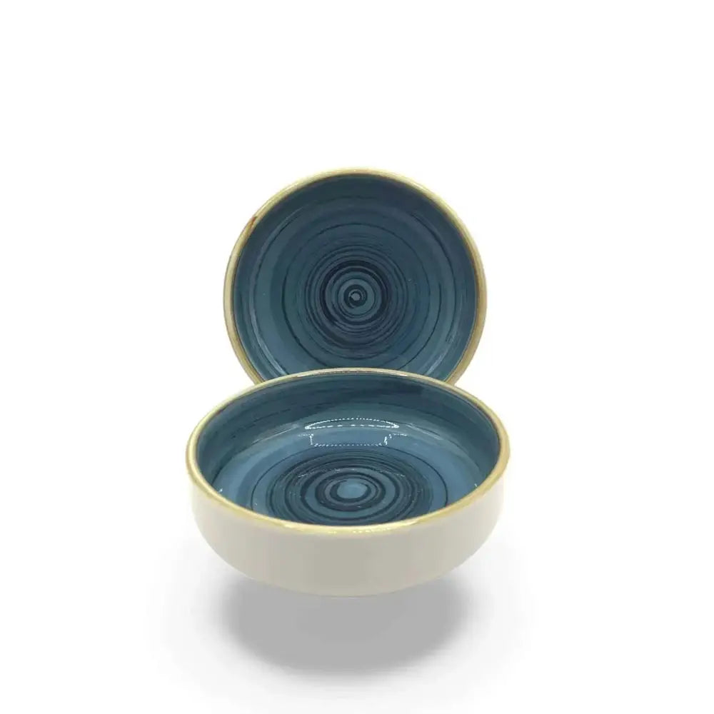 Ceramic candle holder plates, 9cm, blue accent.