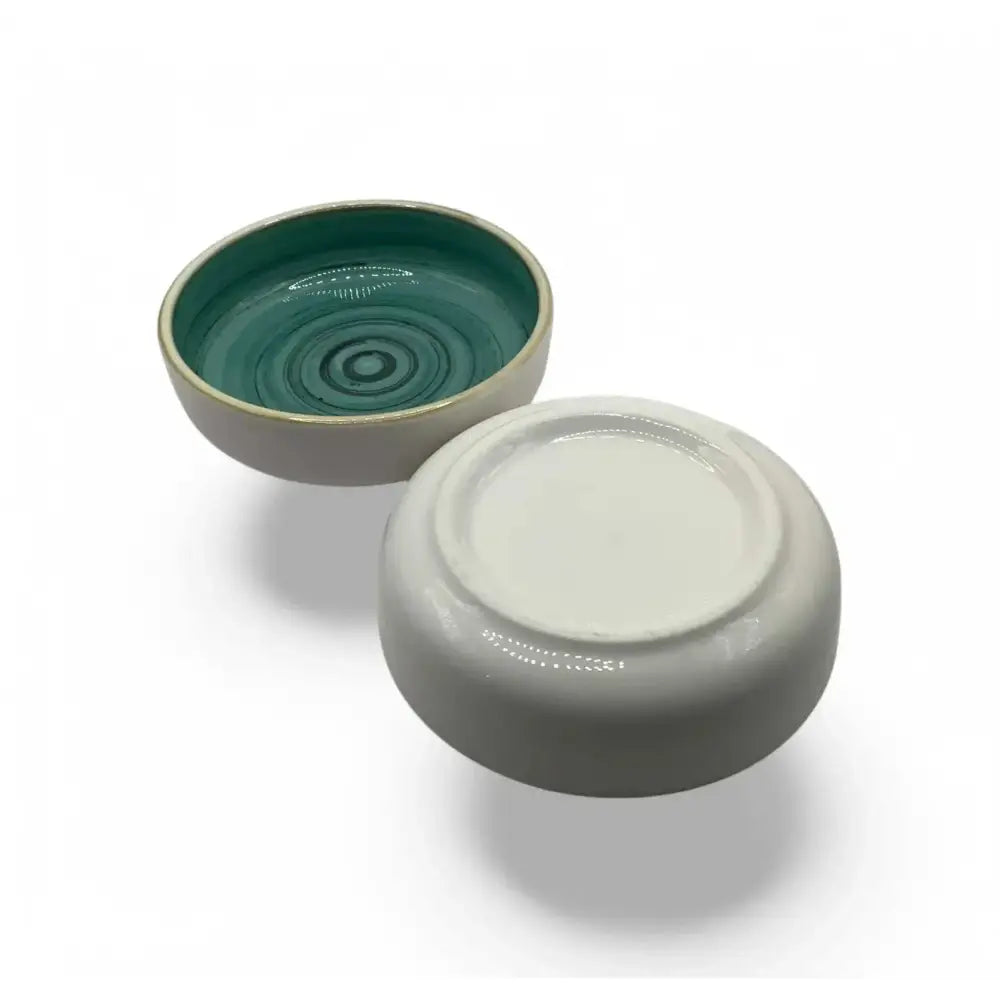 Ceramic candle holder plates in white with aqua and plain white accents, 9cm diameter.