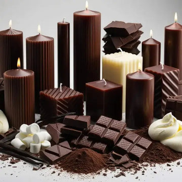 Assorted chocolate candles and chocolate pieces on a light gray background