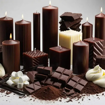 Assorted chocolate candles and chocolate pieces on a light gray background
