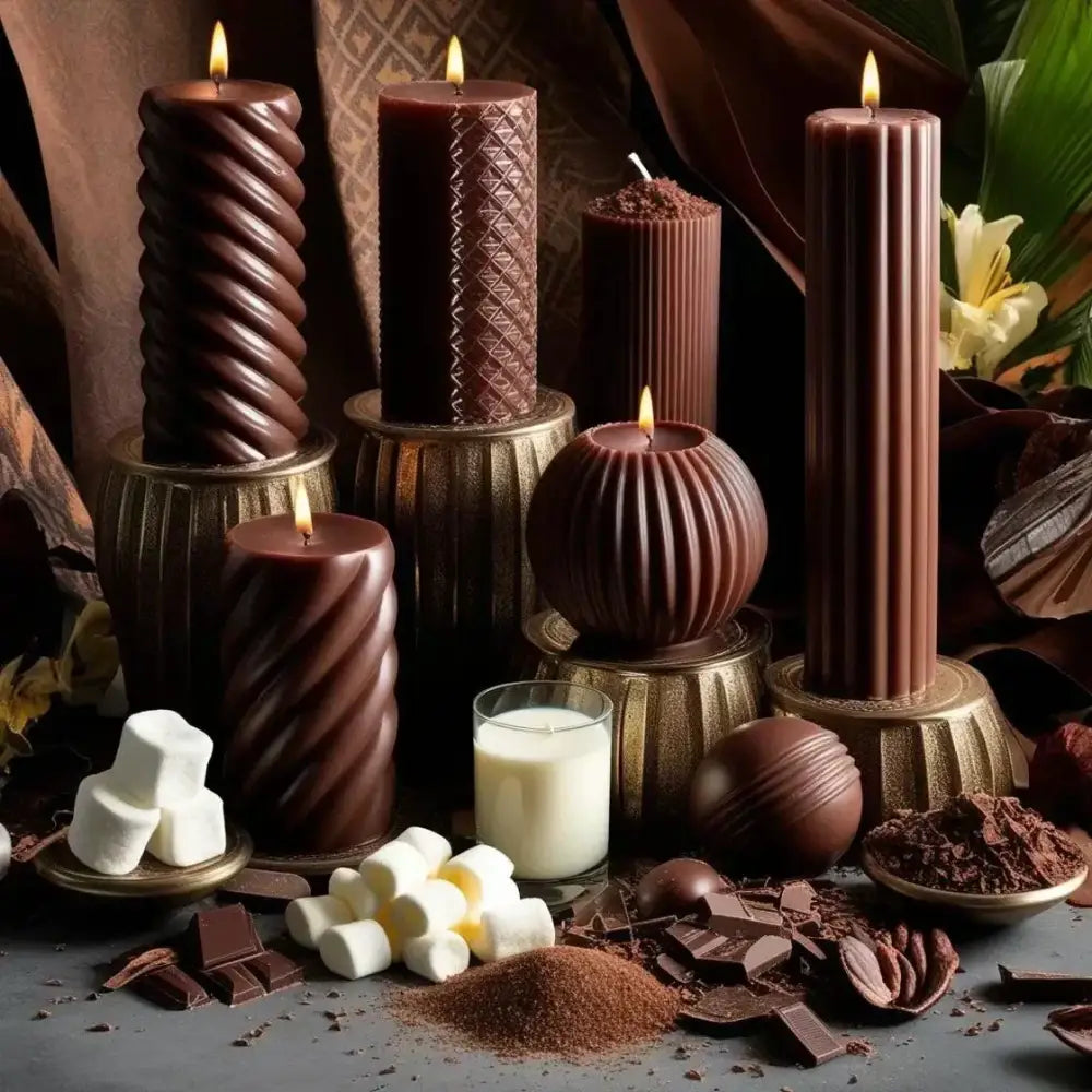 Chocolate candles scented soy pillar with various elegant designs and chocolate decor accents.