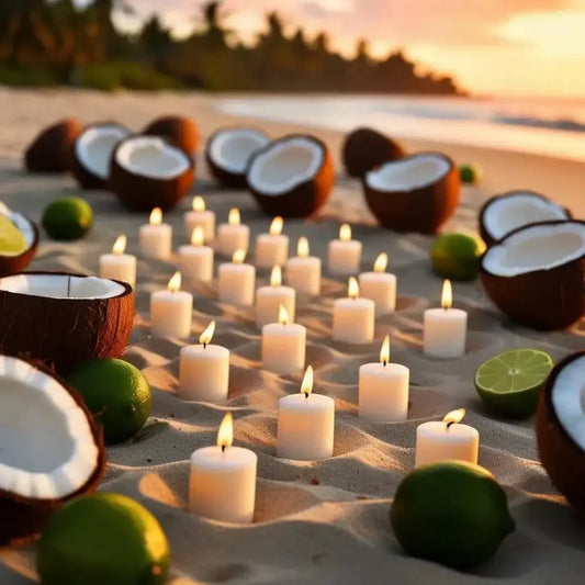 Coconut Lime Soy Votive Candles on beach with coconuts and limes, creating tropical ambiance.