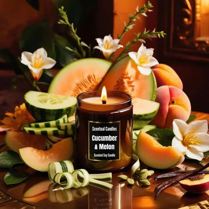 Cucumber and Melon Scented Soy Candle surrounded by fresh fruit and flowers