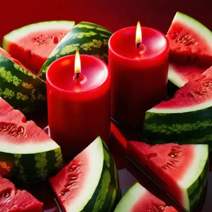 Red fruit scented candle set surrounded by sliced watermelons on a reflective surface with a red background