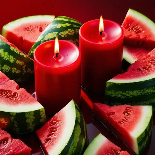 Fruit scented soy candle set surrounded by watermelon slices, showcasing fresh and natural aromas.