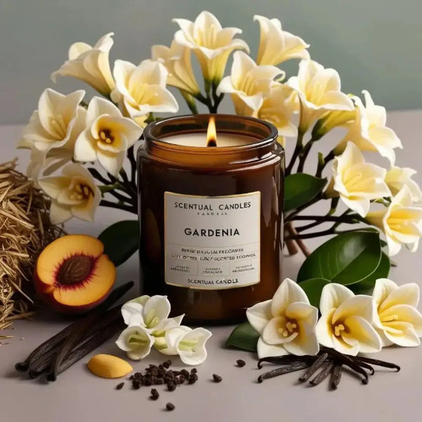 Gardenia Scented Soy Candle in amber jar with floral backdrop.
