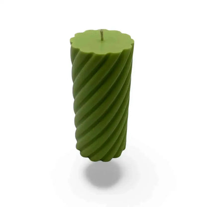 Green spiral Gardenia Scented Soy Pillar Candle with elegant design.