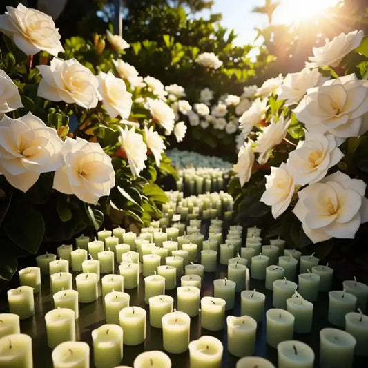 Gardenia scented soy votive candles arranged outdoors among blooming gardenia flowers.
