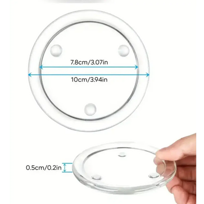 Round transparent glass candle holder plate with protective feet, dimensions: 10cm outer diameter, 7.8cm inner diameter, 0.5cm height.