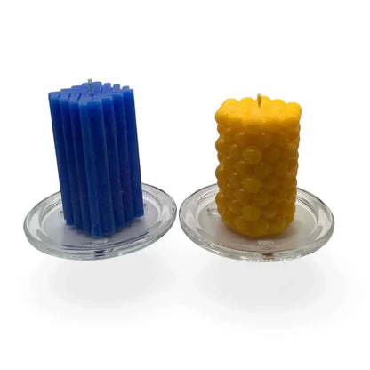 Round Transparent Glass Candle Holder Plate with candles, stylish and heatproof design.