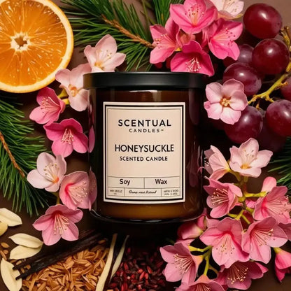 Honeysuckle scented candle with floral and citrus notes, surrounded by blossoms, grapes, mandarin, and pine needles.