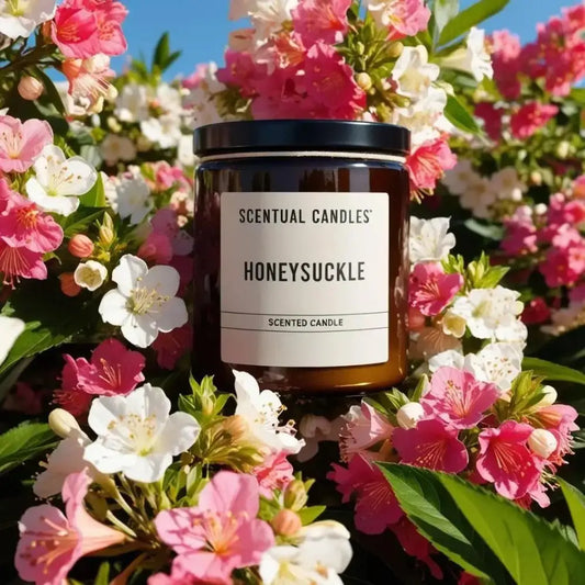 Honeysuckle Scented Soy Candle amongst blooming pink and white flowers in Australia
