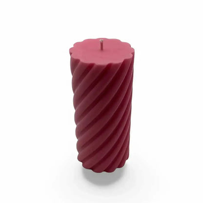 Red Honeysuckle Candles Scented Soy Pillar with a spiral design, hand-poured and crafted for a floral and fruity fragrance.