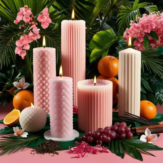 Honeysuckle scented soy pillar candles amidst floral and citrus accents.
