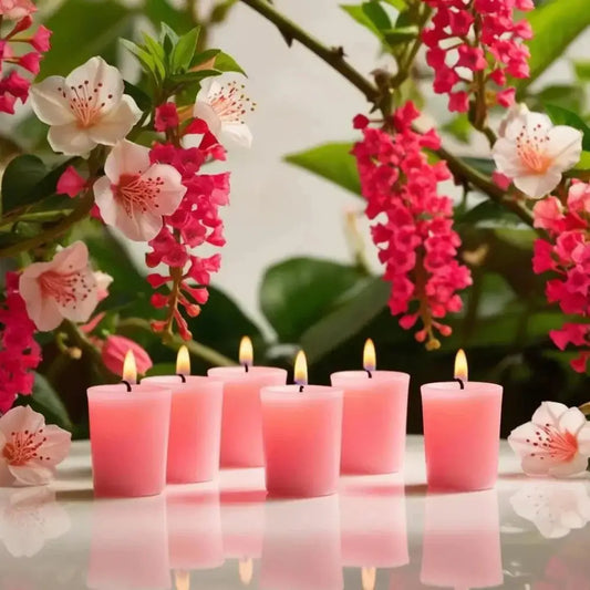 Honeysuckle scented soy votive candles with pink blooms in the background.