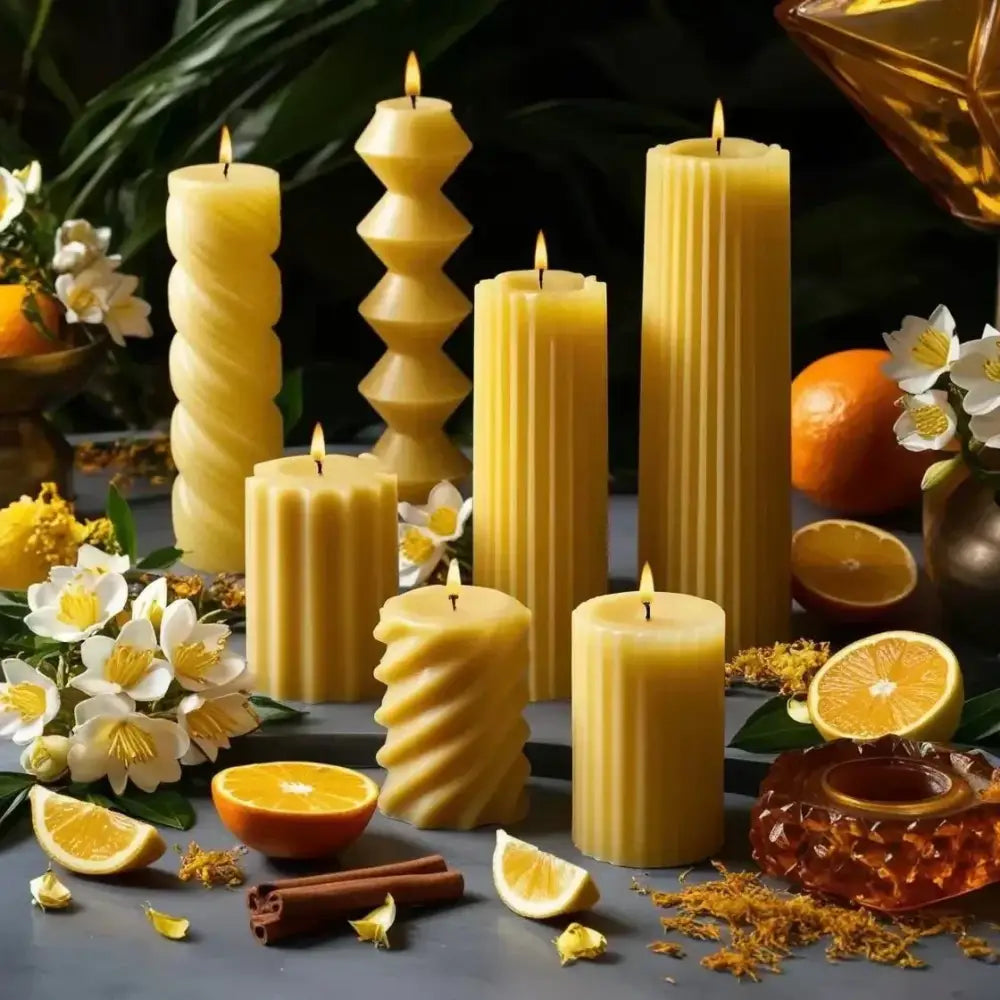 Jasmine scented soy pillar candles in various elegant designs surrounded by citrus and floral elements.