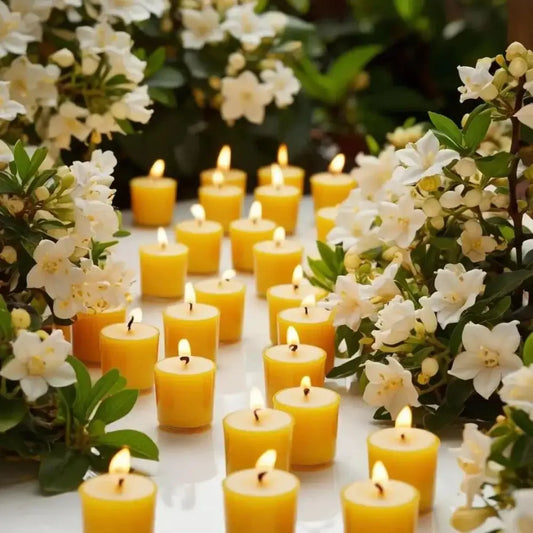 Jasmine Scented Soy Votive Candles amidst white jasmine flowers, creating an enchanting and elegant atmosphere.