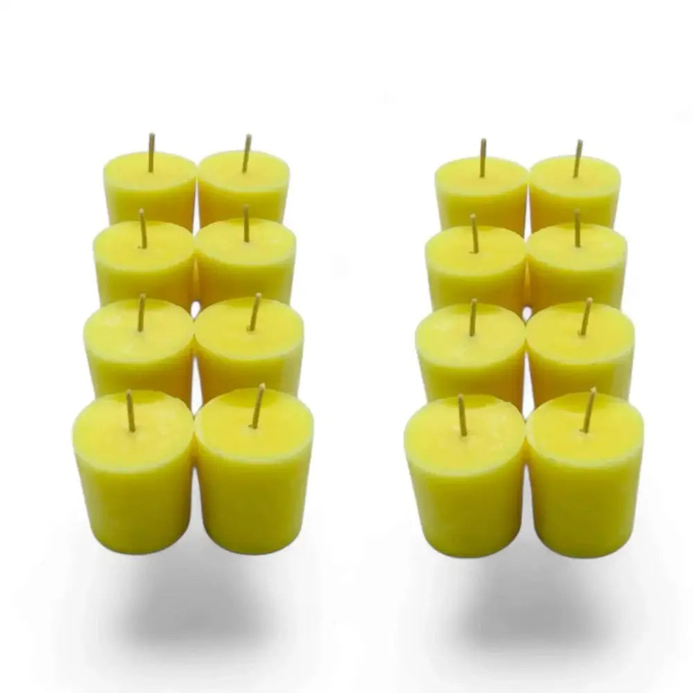 Jasmine scented soy votive candles in vibrant yellow, arranged in multiple sets, ideal for elegant décor.