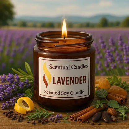 lavender candle in glass jar with lavender field in background