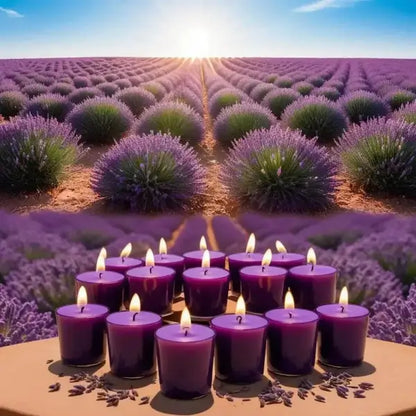 Lavender scented votives in front of a lavender field with the sun rising.