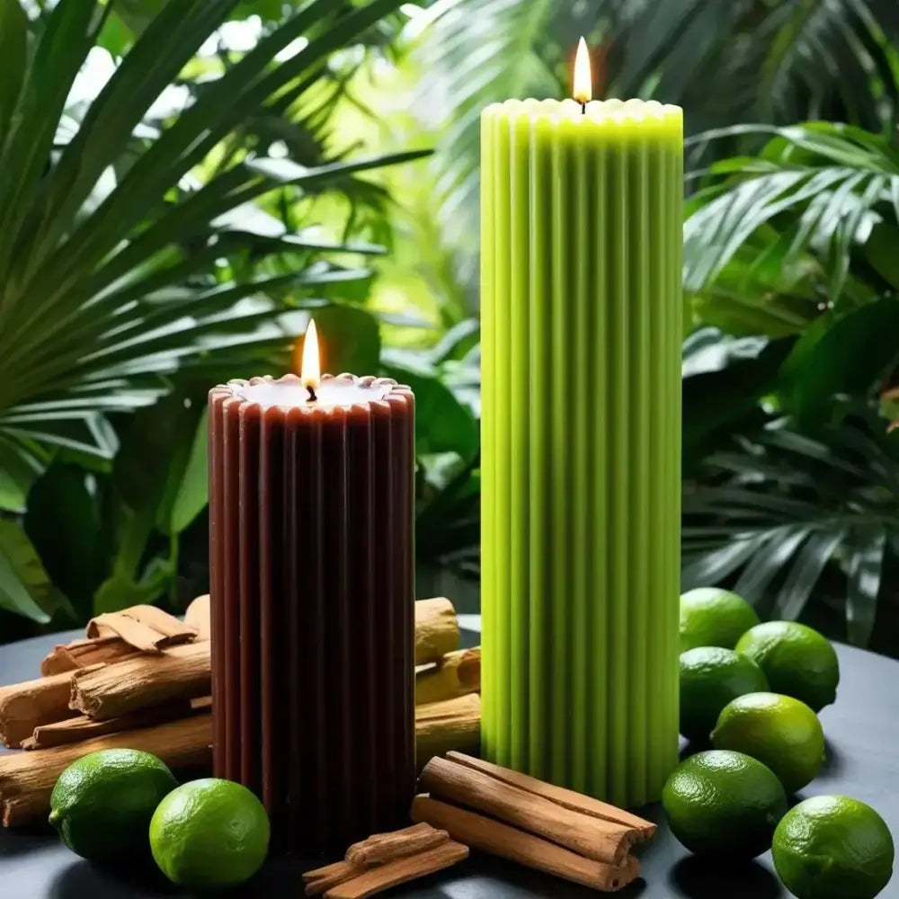 Lime & Sandalwood soy candle gift set with two ribbed candles surrounded by lime and sandalwood.