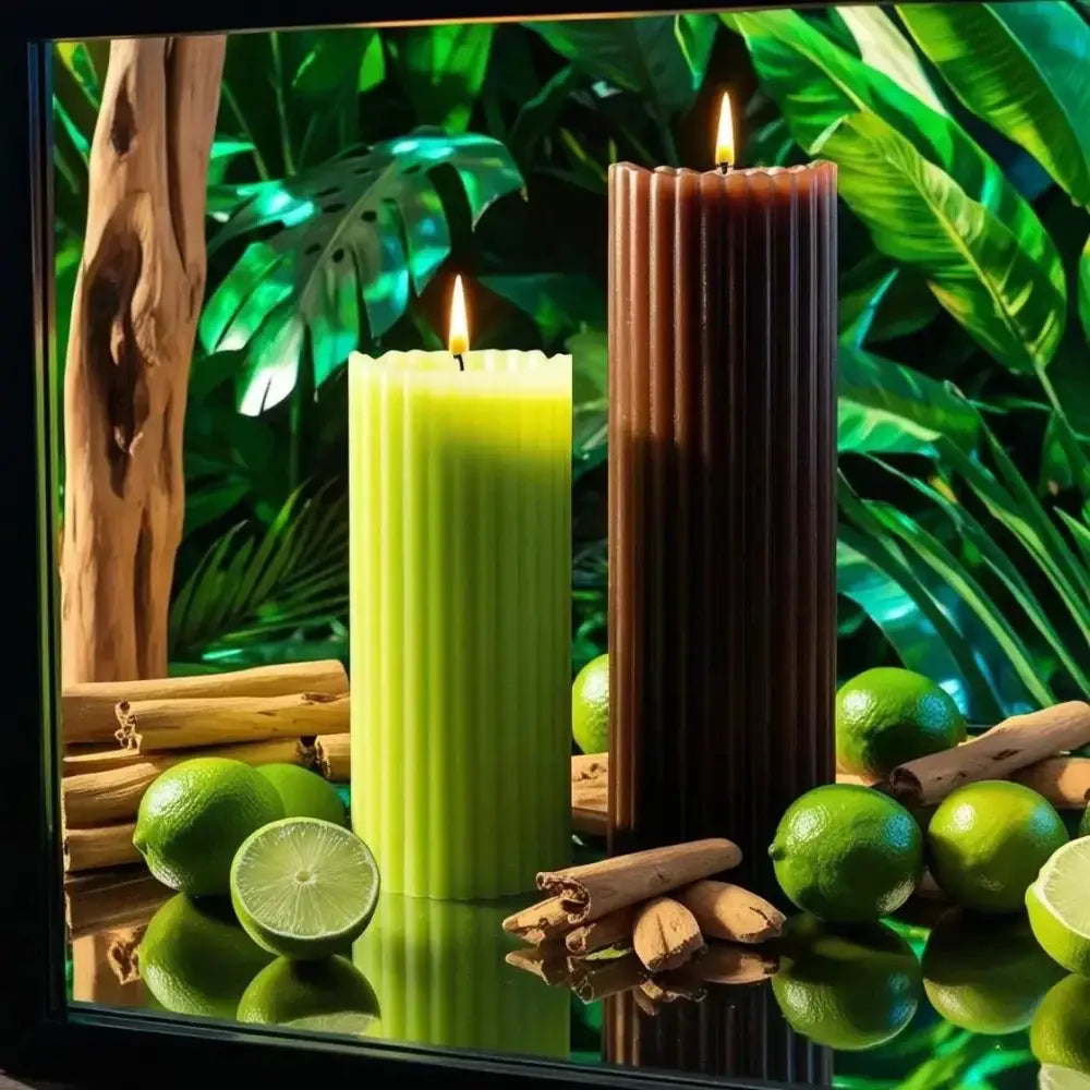 Lime & Sandalwood soy candle gift set with ribbed candles amidst lush greenery and limes.