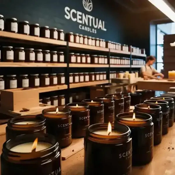 Scentual Candles display with shelves in the background