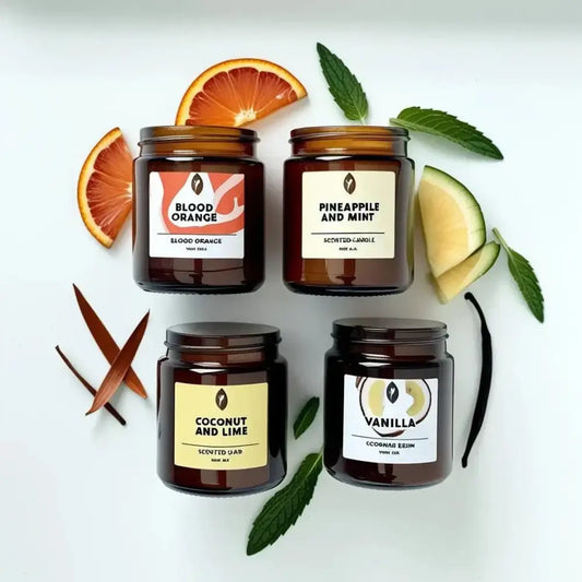 Set of 4 soy mini candles in amber jars with summer scents: Coconut & Lime, Blood Orange, Pineapple & Mint, Very Vanilla. Sydney Australia