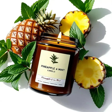 Pineapple and Mint Scented Soy Candle in amber jar surrounded by fresh pineapple slices and mint leaves.