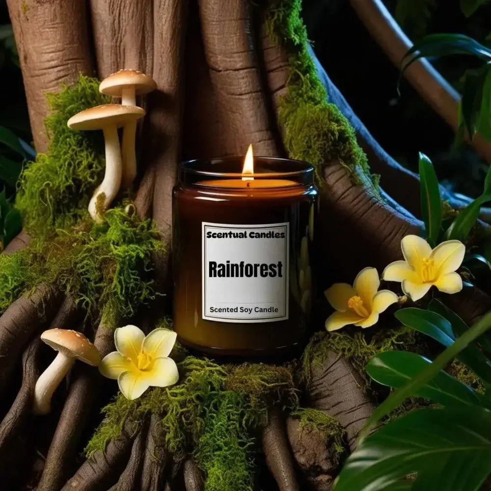 Rainforest Scented Soy Candle in an amber jar surrounded by greenery and flowers.