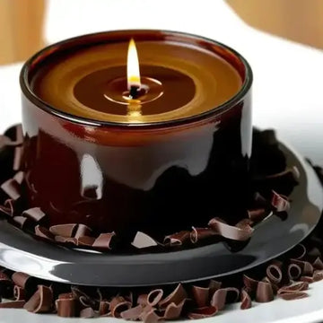 Chocolate candle with a flame on a white plate with chocolate shavings.