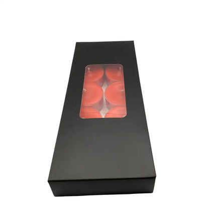 Scented Tealight Candles - 10 Pack Box in black packaging with a clear window displaying candles inside.