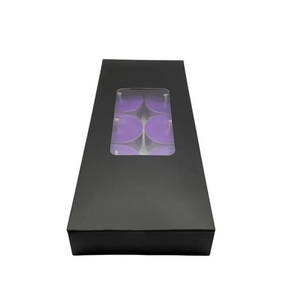 Scented Tealight Candles 10 pack box in black packaging with purple candle view