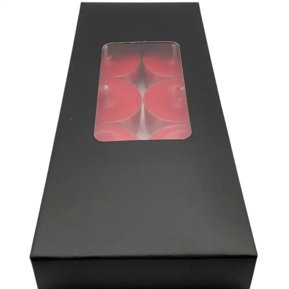 Scented Tealight Candles 10 pack box with black packaging and window showing red candles inside
