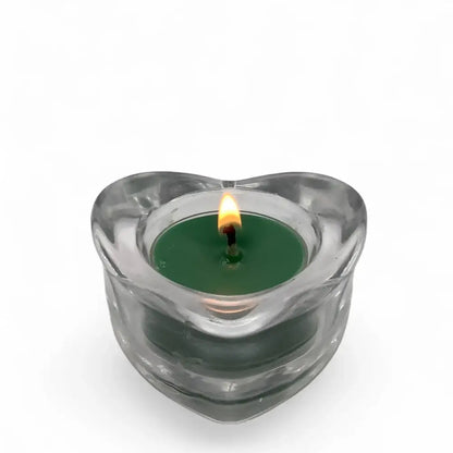 Green Scented Tealight Candles in a heart-shaped holder, perfect for ambiance and relaxation, part of a 10 pack box